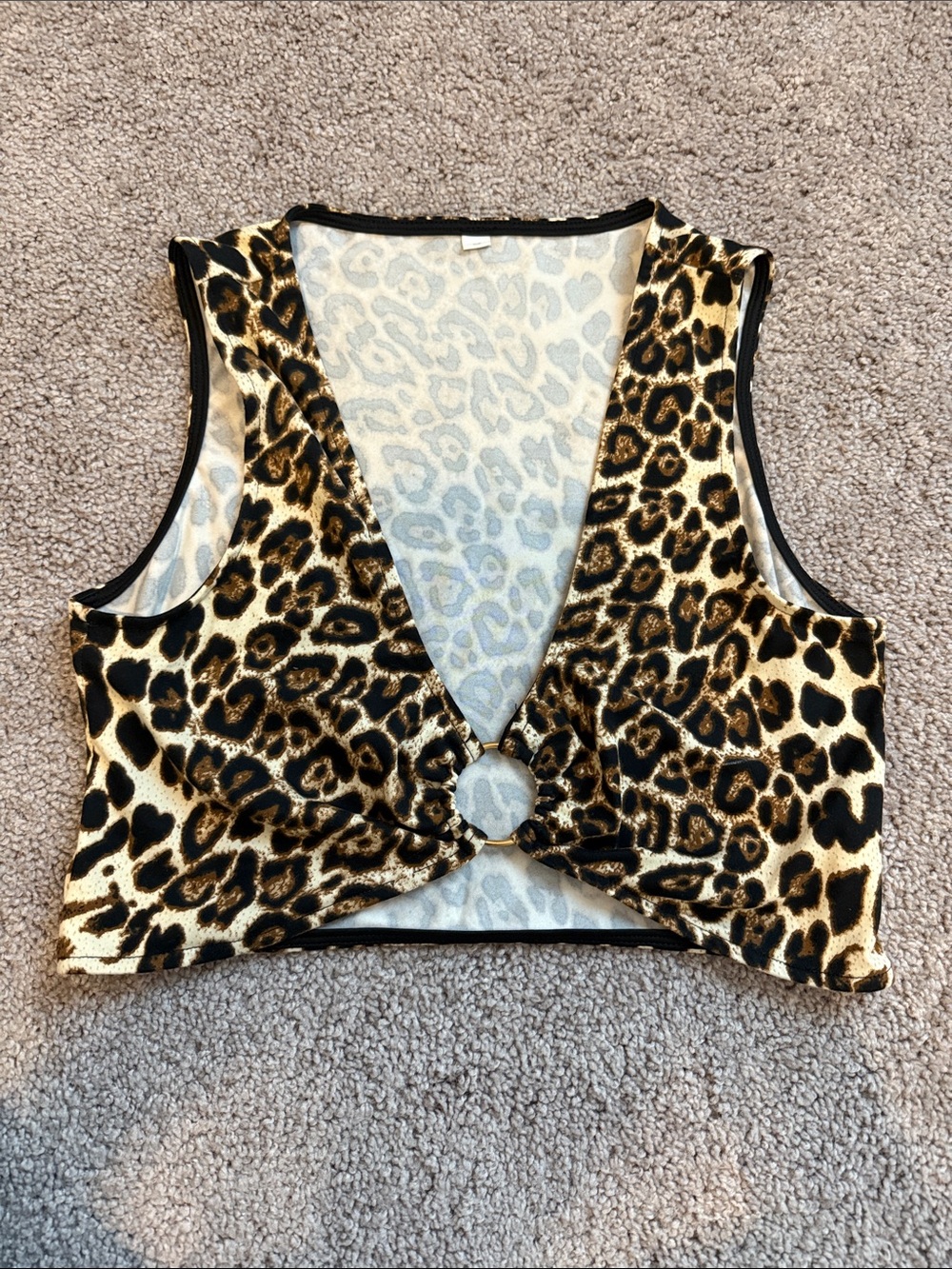 Leopard Print Ring-Front Crop Top - Black & Gold - Size Small